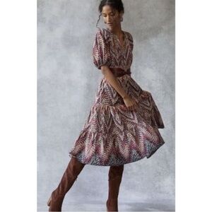 ANTHROPOLOGIE conditions apply printed puff-sleeved midi dress pink size 2 US